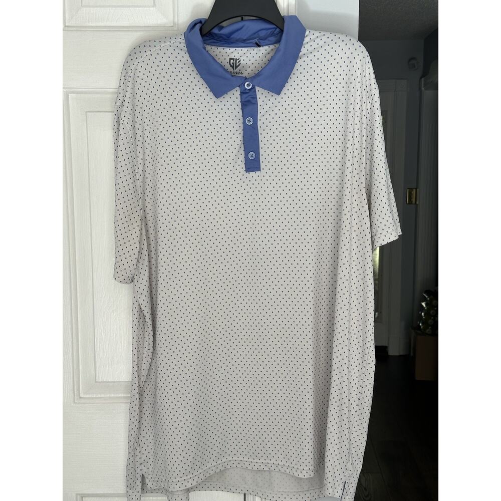 EUC Graham Luxe XXL White/Blue (Purple) Polka Dot Golf Polo Shirt Short Sleeve